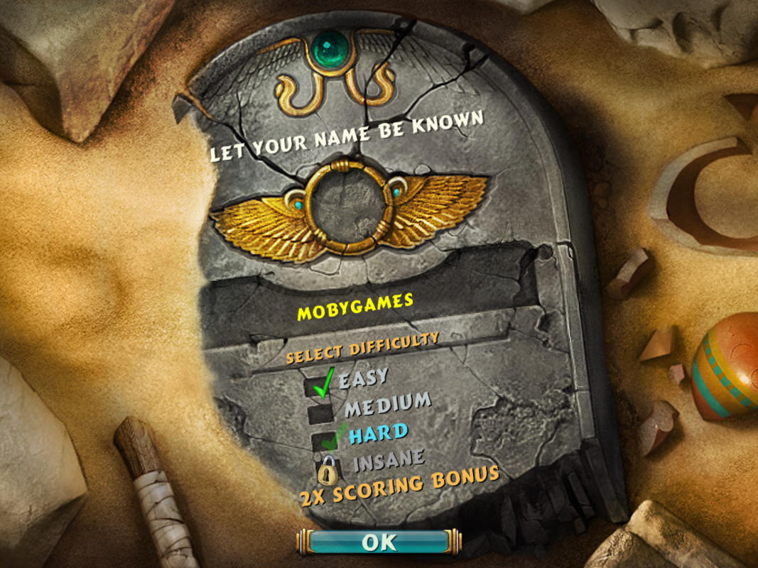 Luxor: Quest for the Afterlife (Windows) screenshot: Name entry and difficulty selection