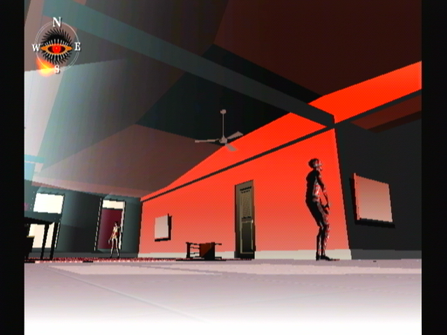 Killer7 (GameCube) screenshot: Camelia Smiles are traitors... this one jibbers, thinking itself alone in the room.
