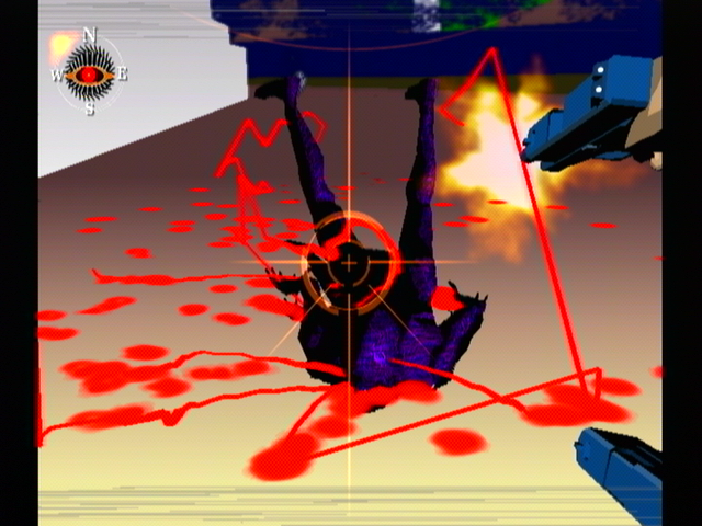 Killer7 (GameCube) screenshot: A very fast smile stopped by very fast pistols.