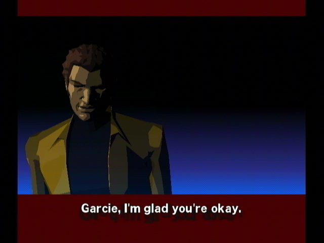 Killer7 (GameCube) screenshot: A remnant psyche is glad you're all right.