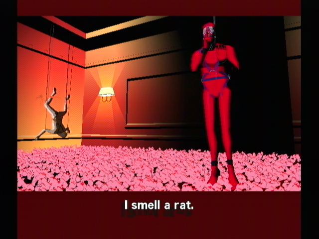 Killer7 (GameCube) screenshot: The figure in the back indicates an important item is near by.