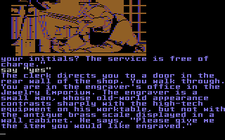 Fahrenheit 451 (Commodore 64) screenshot: At the Jewelry Emporium...
