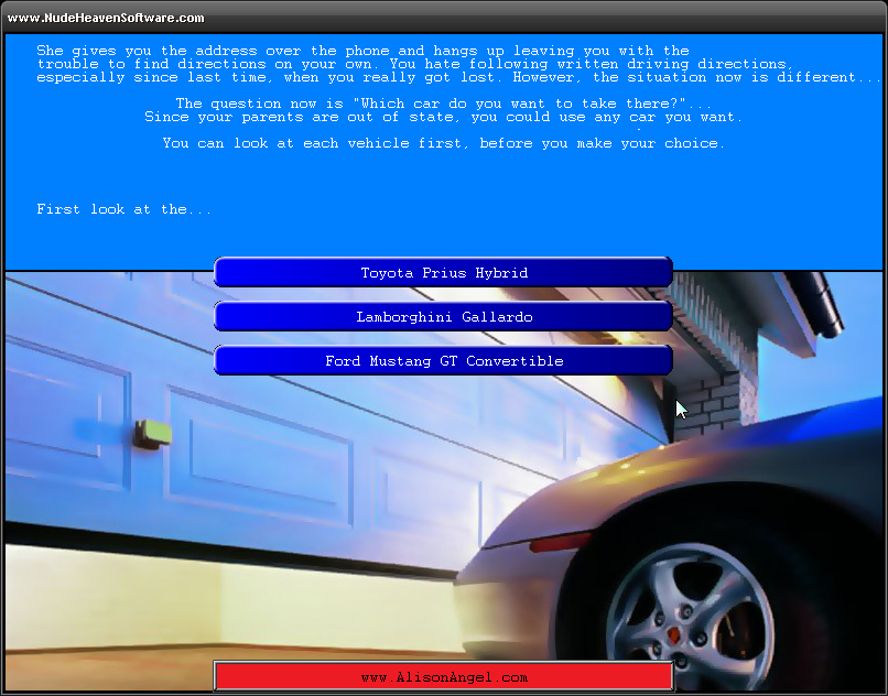 Nude School Dating Sim (Windows) screenshot: What car should I take to visit her?