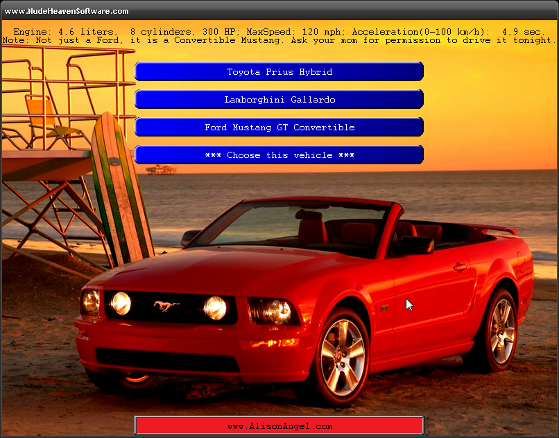 Nude School Dating Sim (Windows) screenshot: I guess I take the Ford Mustang for a walk at the beach with her