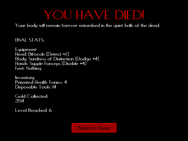 Necropolis (Browser) screenshot: Game over and general statistics