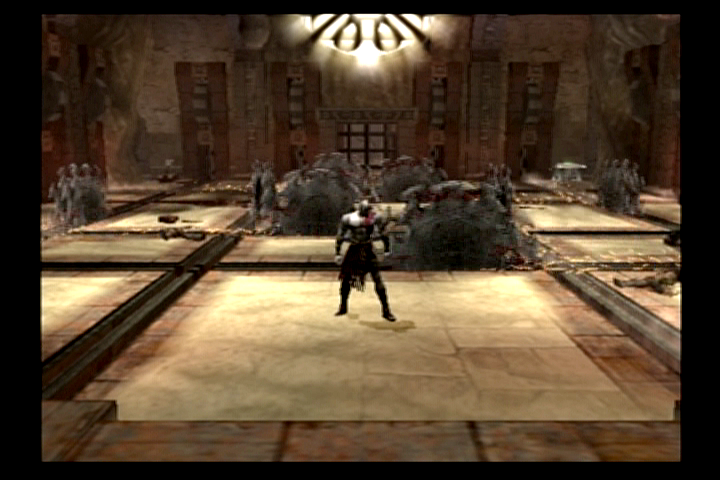 God of War (PlayStation 2) screenshot: Timing is essential to escape this room of moving saw blades.