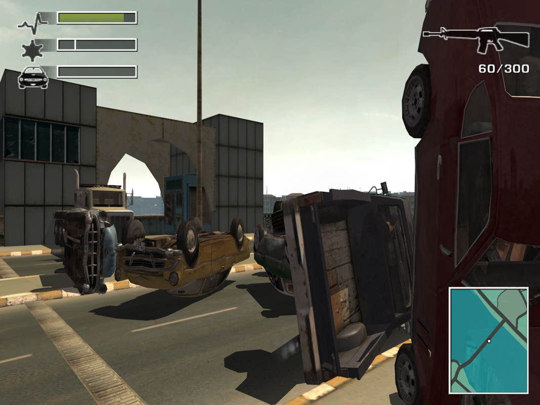 Driv3r (Windows) screenshot: The end result of opening a drawbridge with cars on it.