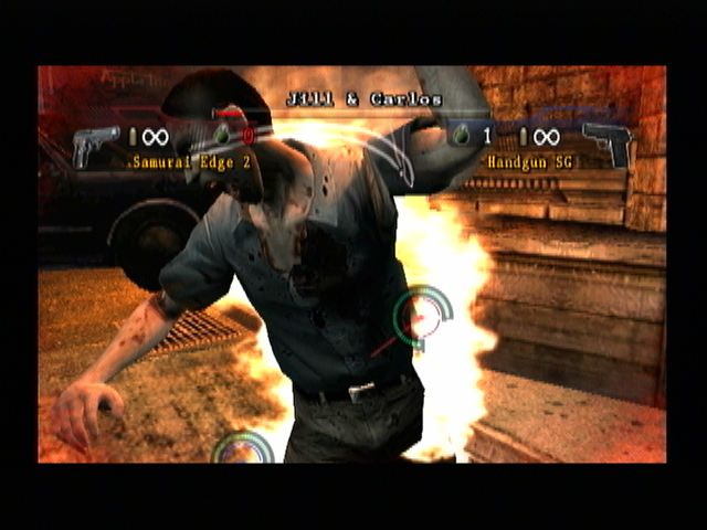 Resident Evil: The Umbrella Chronicles (Wii) screenshot: Zombie slash and burn