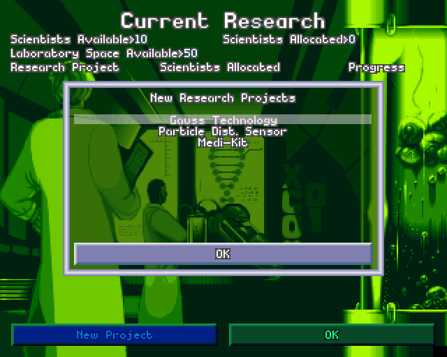X-COM: Terror from the Deep (PlayStation) screenshot: Research menu. You need to research both human and alien technologies in order to survive the alien attacks.