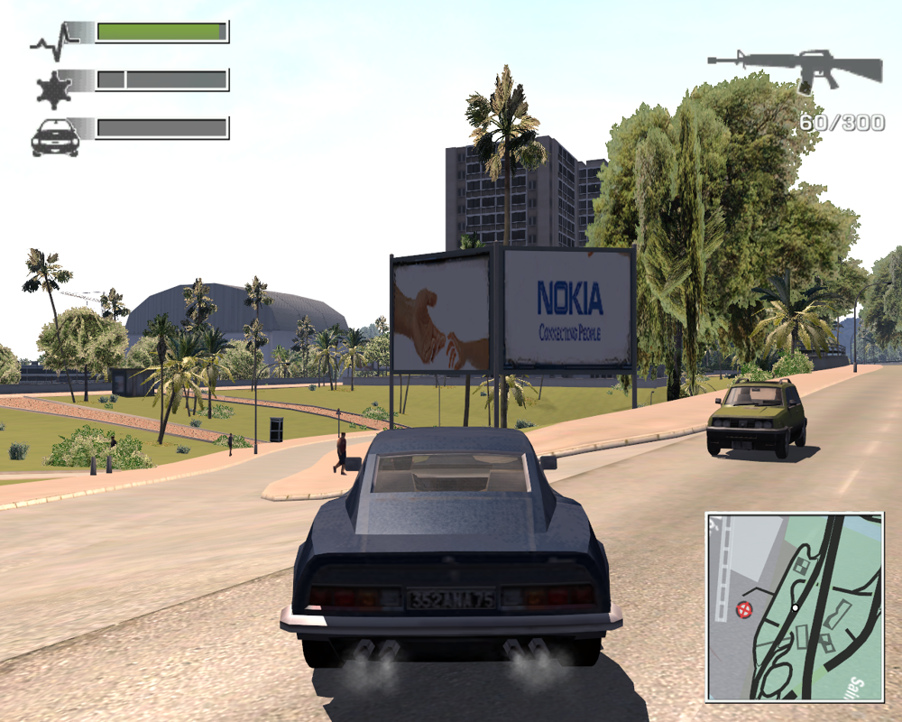 Driv3r (Windows) screenshot: A Nokia advertisement near the airport in Nice. Tanner also has a Nokia mobile phone.