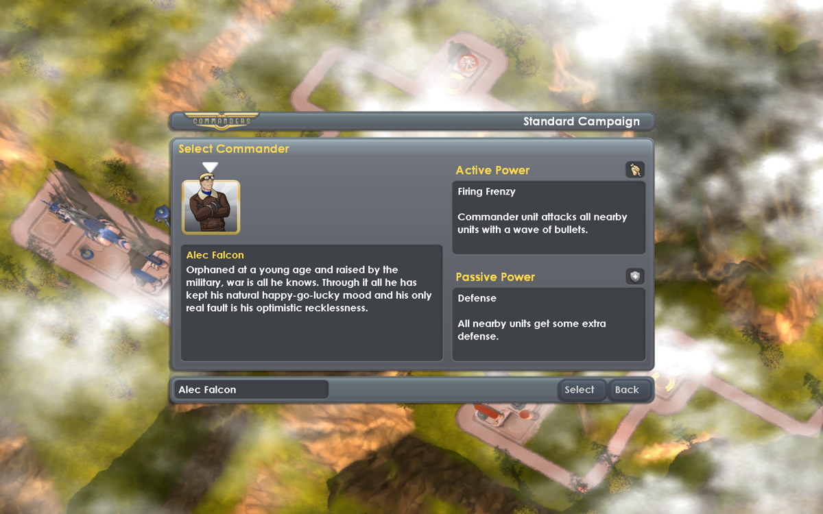 Commanders: Attack of the Genos (Windows) screenshot: Selecting a commander, only one available at this time.