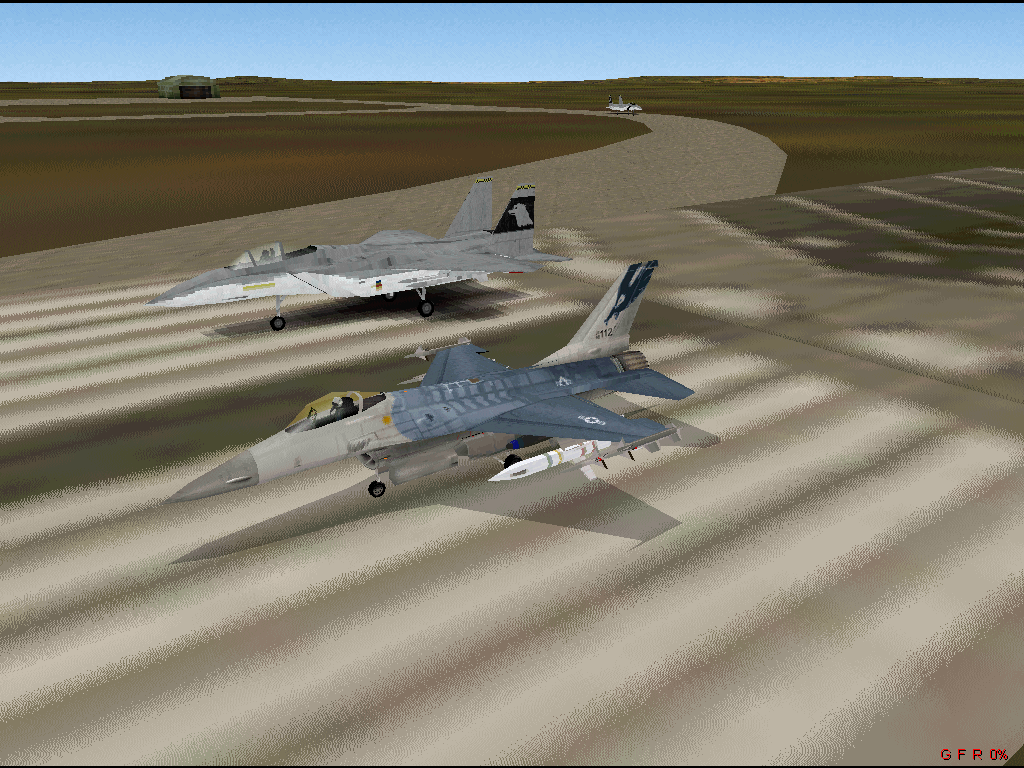 F-16 Multirole Fighter (Windows) screenshot: F-16 Fighting Falcon and F-15 Eagle on the runway.