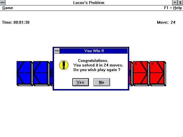 Lucas's Problem (Windows 3.x) screenshot: The completed game: 24 moves are required.