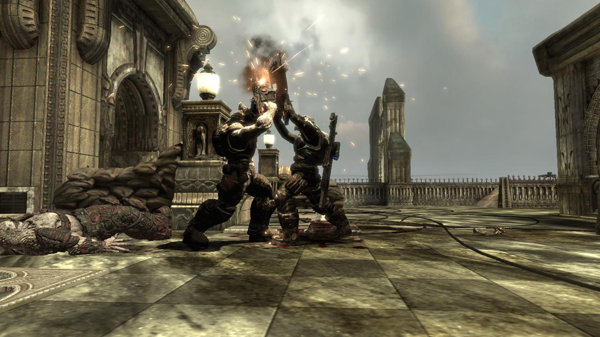Gears of War 2 (Xbox 360) screenshot: Chainsaw Bayonet duel