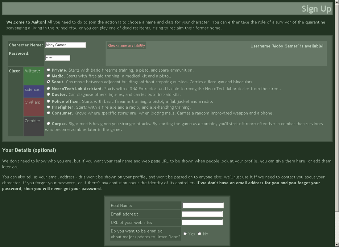 Urban Dead (Browser) screenshot: Generating a new character.