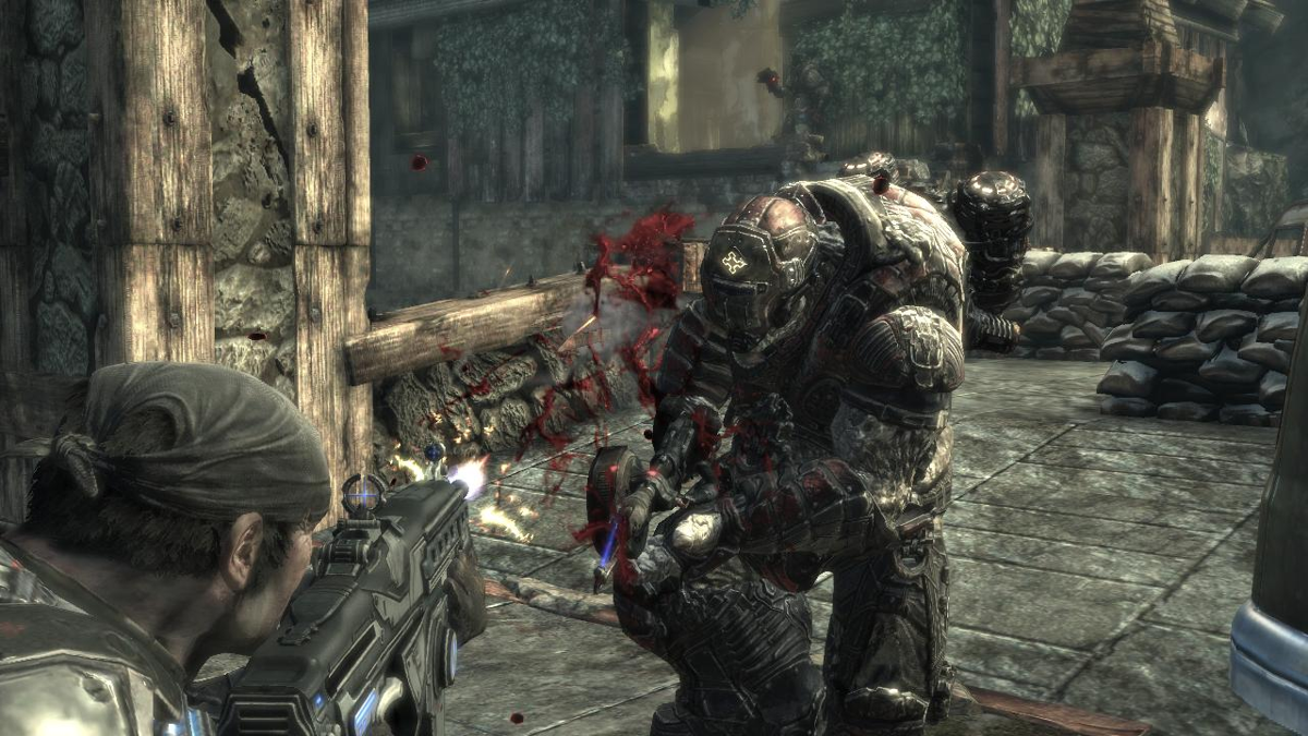 Gears of War 2 (Xbox 360) screenshot: Standing way too close to that Flame Boomer.