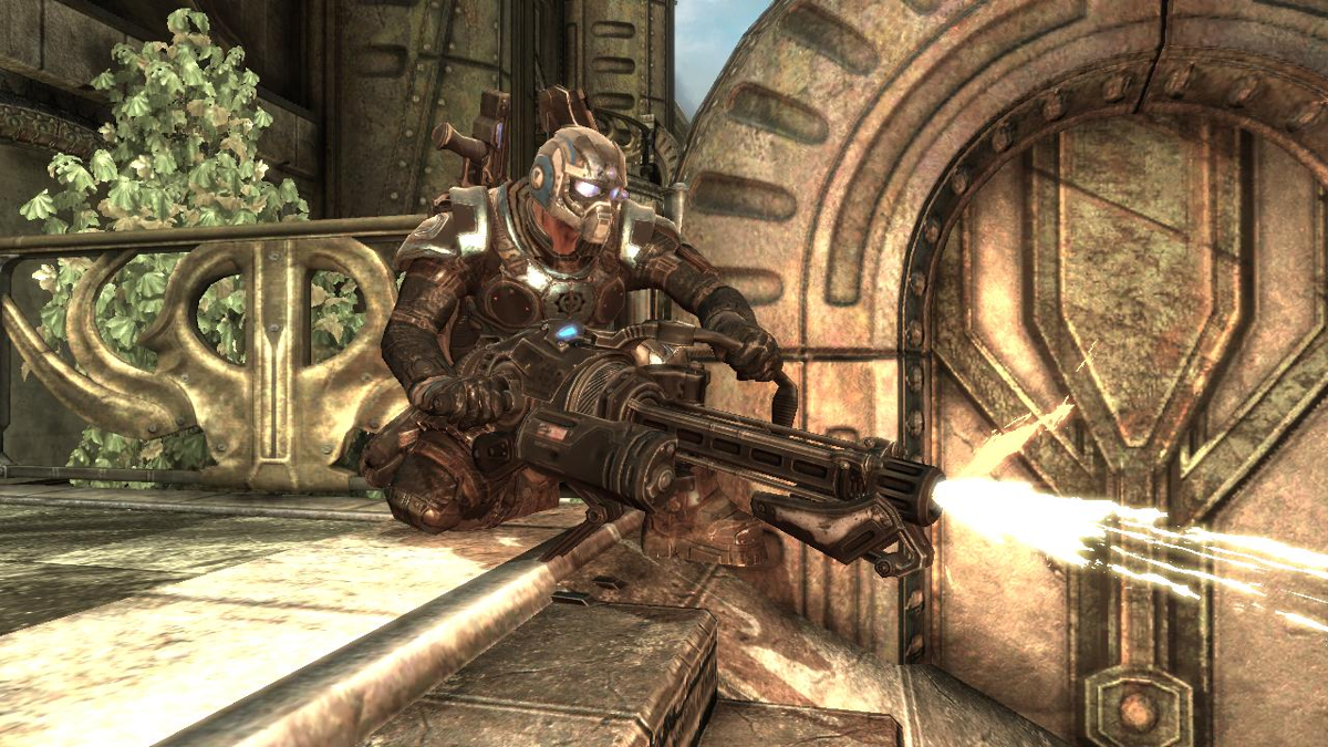 Gears of War 2 (Xbox 360) screenshot: The "Mulcher" heavy machine gun in action