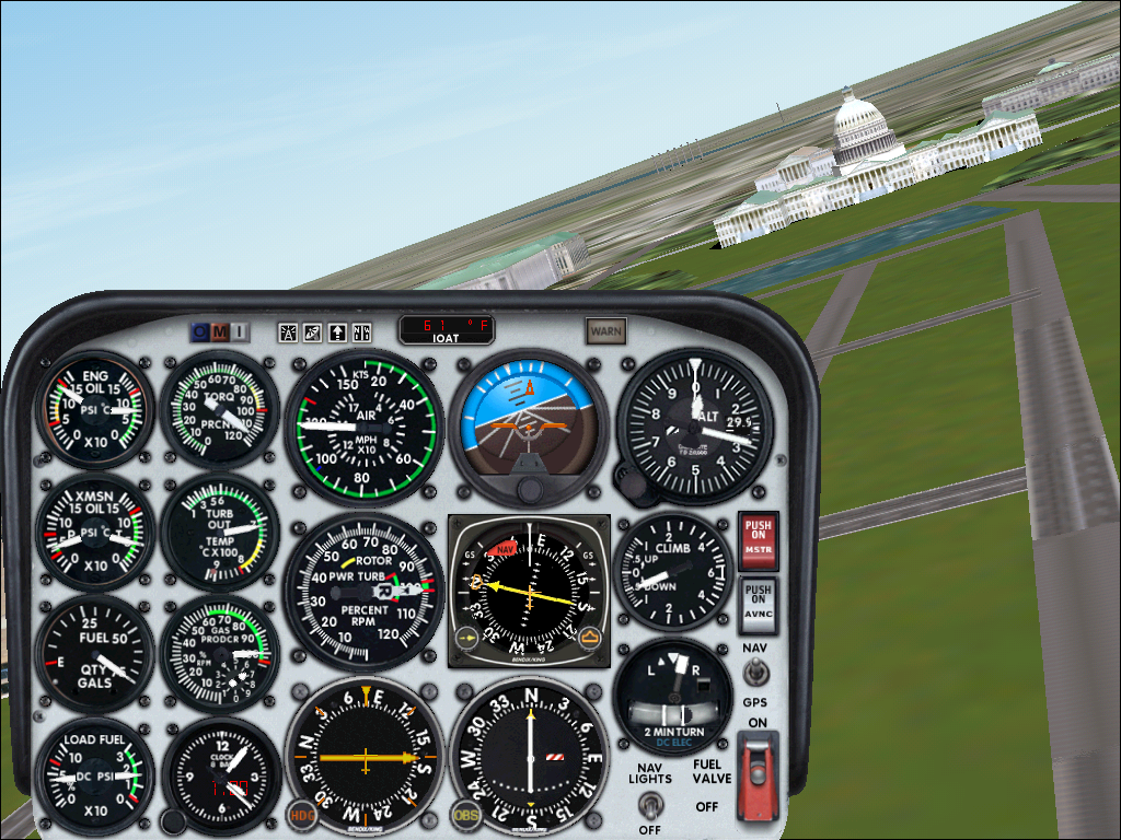 Microsoft Flight Simulator 2000 (Windows) screenshot: Buzzing DC in the Bell JetRanger helicopter