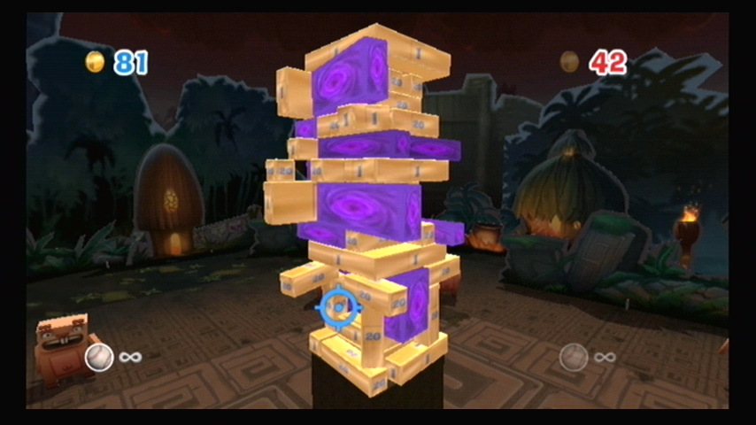 Boom Blox (Wii) screenshot: Purple blox just disappear when hit