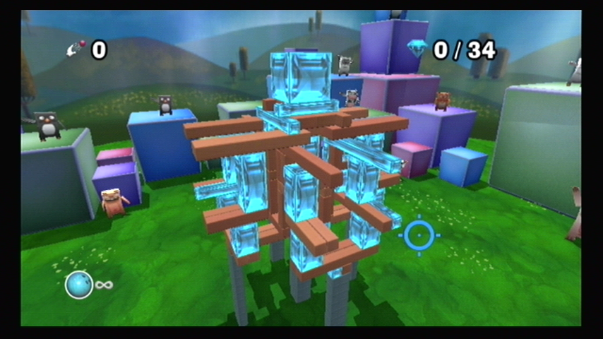 Boom Blox (Wii) screenshot: Try to knock down all these gem blox in as few throws as possible