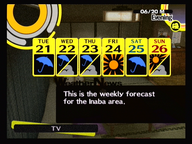 Shin Megami Tensei: Persona 4 (PlayStation 2) screenshot: Keep an eye on the weather report