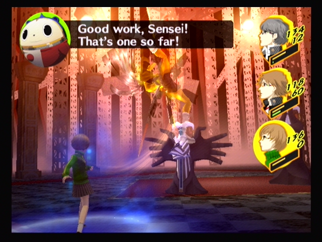 Shin Megami Tensei: Persona 4 (PlayStation 2) screenshot: Chie attacks an enemy