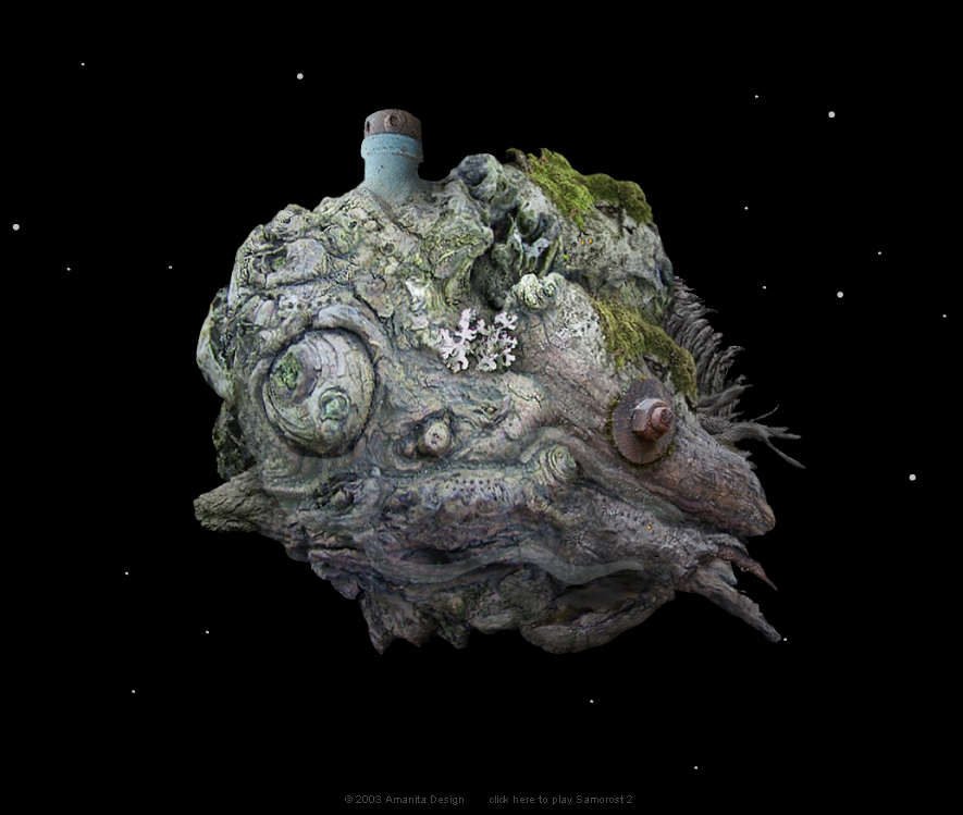 Samorost (Browser) screenshot: Introduction: our happy island of space flotsam, drifting happily through the cosmos