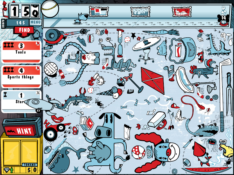 Pictureka!: Museum Mayhem (Windows) screenshot: "Tools", "Sports things", "Stars"