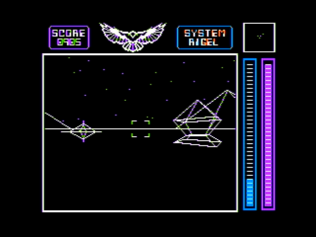 Stellar 7 (Apple II) screenshot: Arrived on the Rigel system; multiple enemies in sight, shoot quickly!