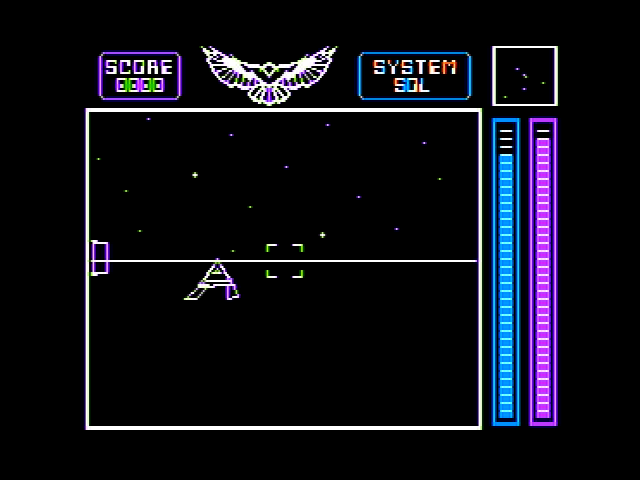 Stellar 7 (Apple II) screenshot: Beginning the game; enemy approaching!