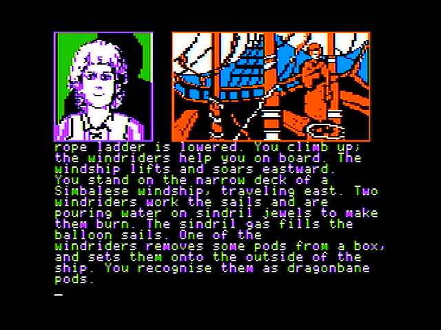 Dragonworld (Apple II) screenshot: Climbing on board a windship.