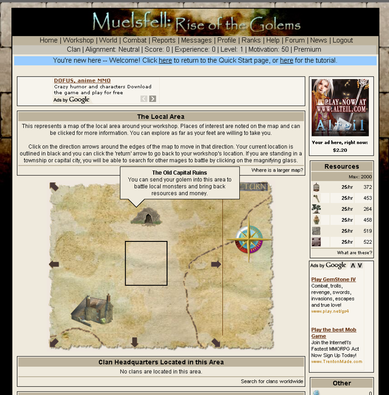 Muelsfell: Rise of the Golems (Browser) screenshot: Local area map