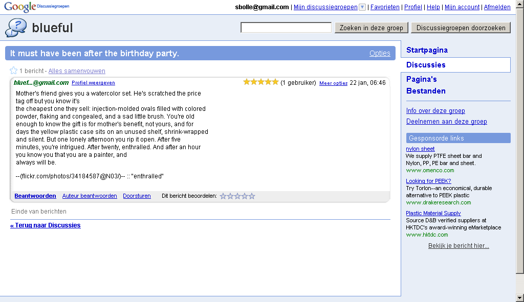blueful (Browser) screenshot: Moving on to a posting in Google Groups.