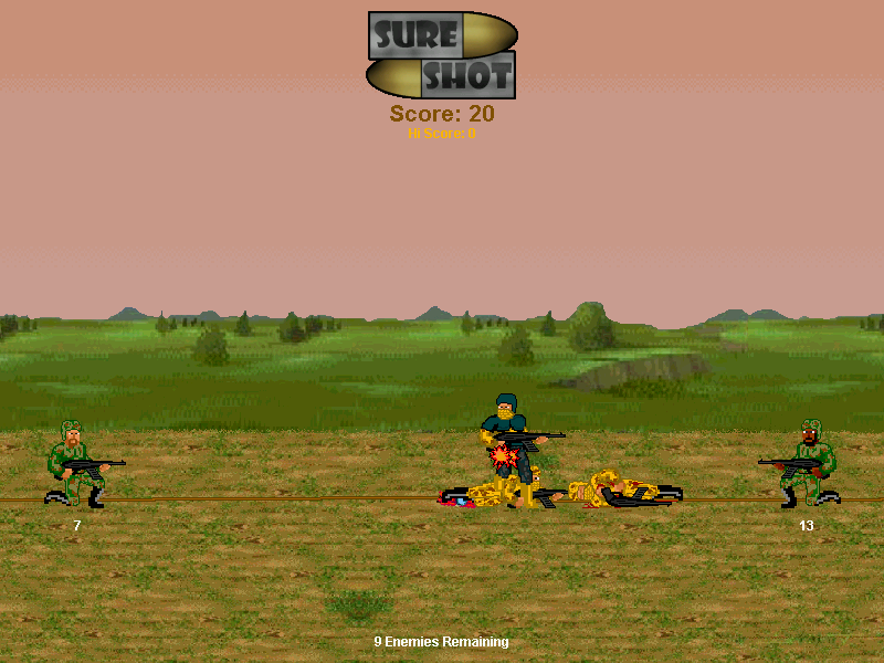 Sure Shot (Windows) screenshot: As the game goes on more heavily equipped enemies appear.