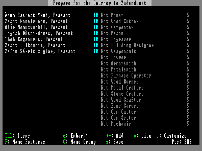 Slaves to Armok: God of Blood - Chapter II: Dwarf Fortress (Macintosh) screenshot: Surveying your crew