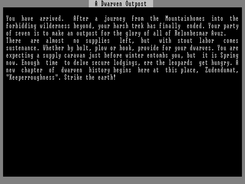 Slaves to Armok: God of Blood - Chapter II: Dwarf Fortress (Macintosh) screenshot: The beginning of this escapade