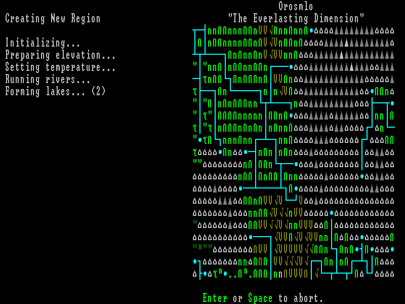 Slaves to Armok: God of Blood - Chapter II: Dwarf Fortress (Macintosh) screenshot: Automatically generating a new world