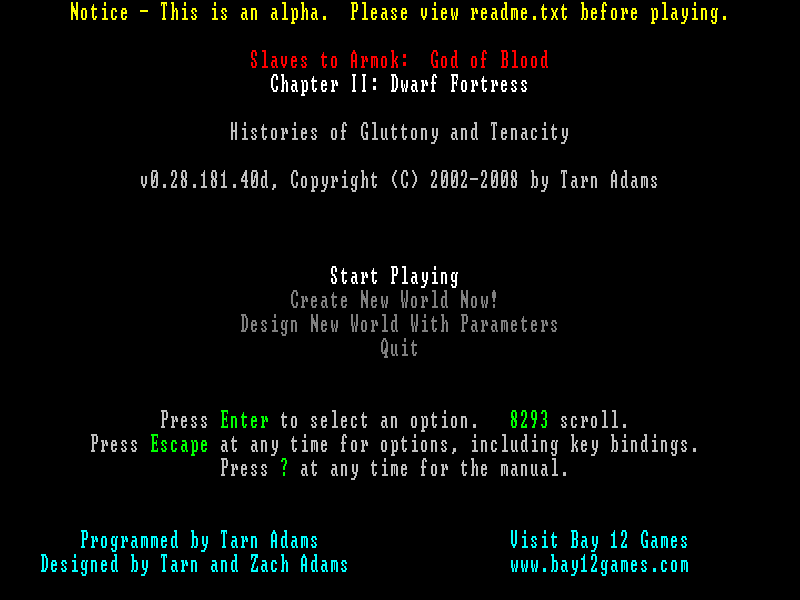 Slaves to Armok: God of Blood - Chapter II: Dwarf Fortress (Macintosh) screenshot: Start menu