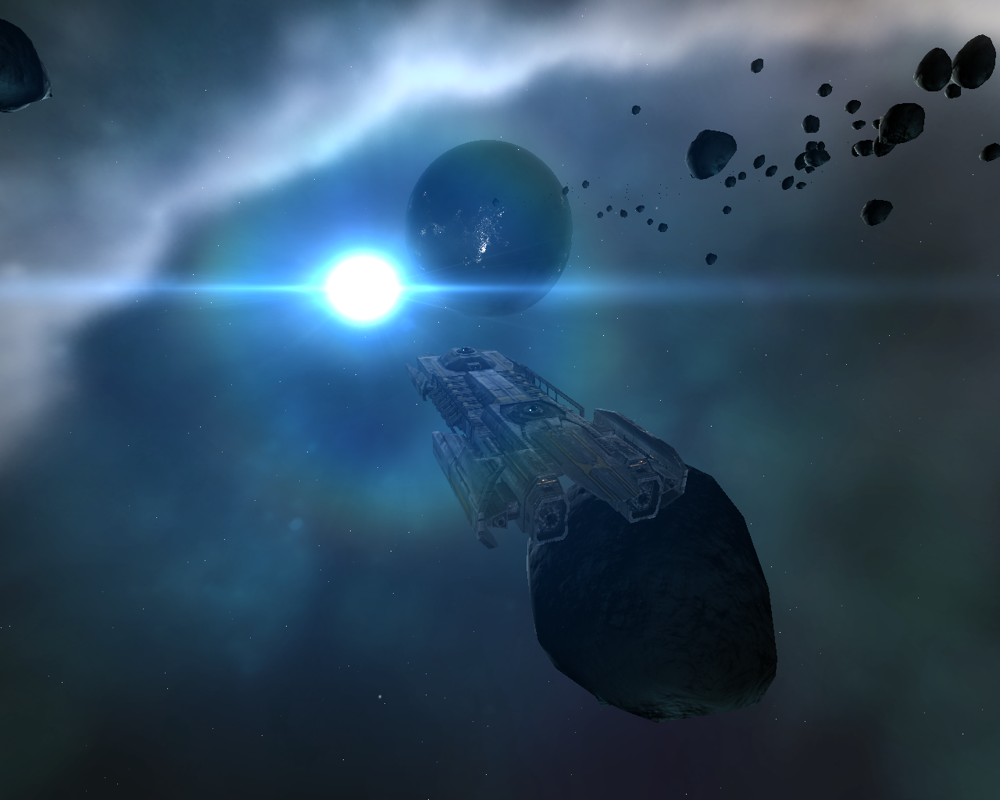 EVE Online (Windows) screenshot: Flying through an asteroid belt in a mining barge (HUD is turned off)