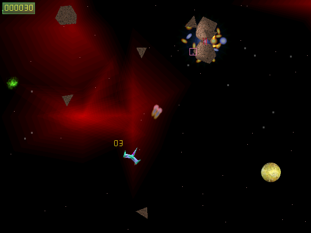 DriftZone (Windows) screenshot: Shooting at a group of asteroids