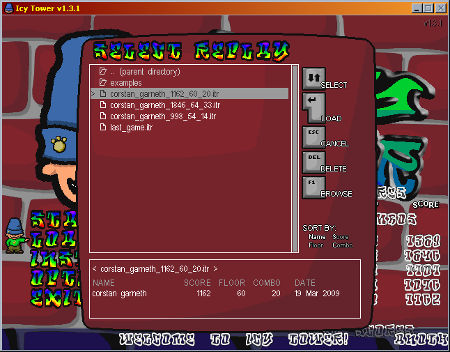 Icy Tower (Windows) screenshot: The game allows you to save and watch recordings of the games; recording is automatic.