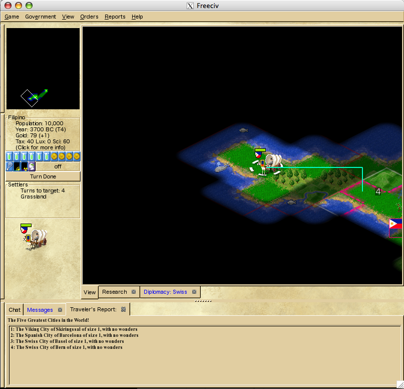 Freeciv (Macintosh) screenshot: Overview map -- plotting out a course for a settler.