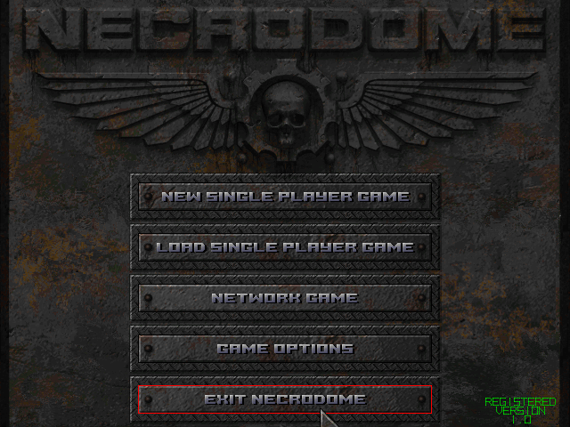 Necrodome (Windows) screenshot: Title screen and main menu