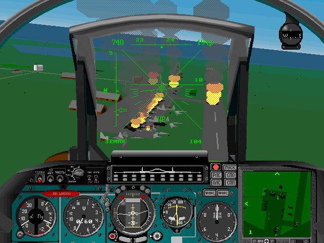 Su-27 Flanker (Windows) screenshot: Enemy airfield destroyed. Radar in ground attack mode.