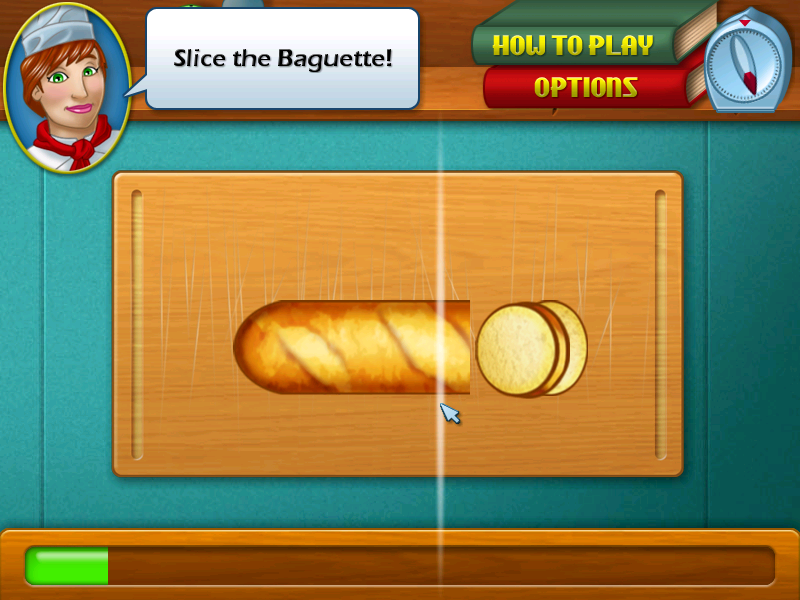 Cooking Academy (Windows) screenshot: Slice the baguette!