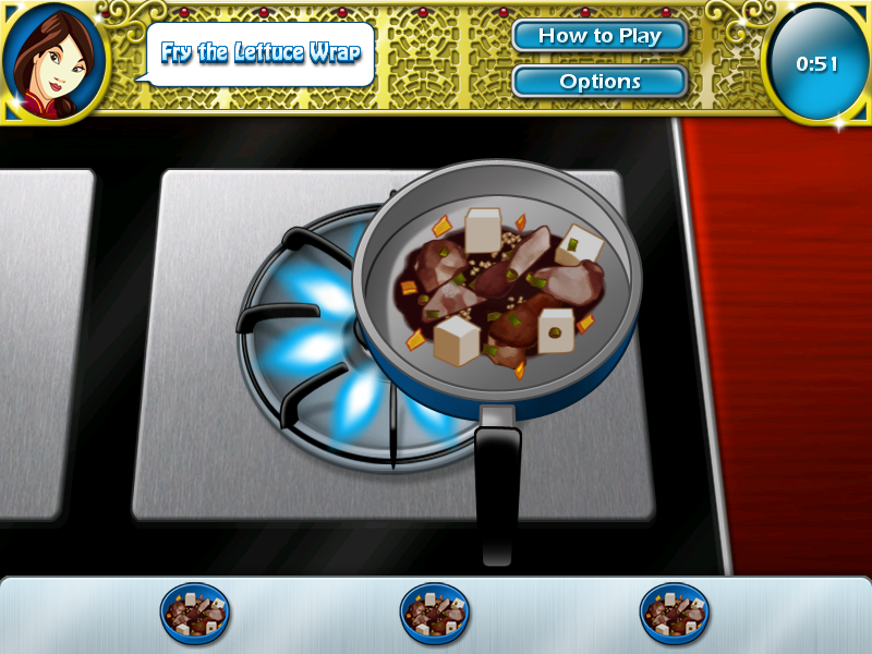 Cooking Academy 2: World Cuisine (Windows) screenshot: Frying the letttuce wrap.