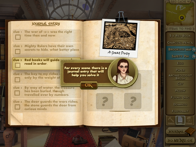 Adventure Chronicles: The Search for Lost Treasure (Windows) screenshot: The journal lists the pending tasks.