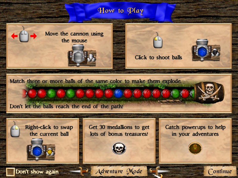 Pirate Poppers (Windows) screenshot: How to play the adventure mode