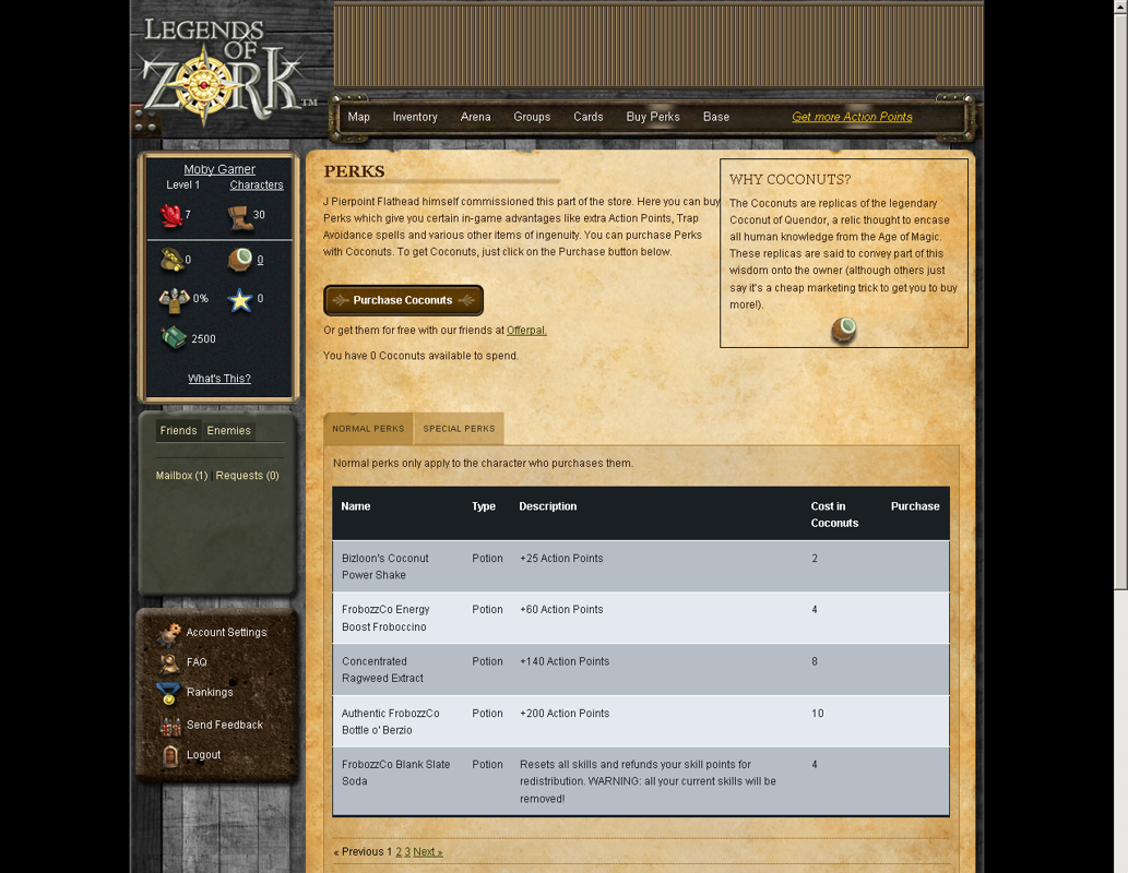 Legends of Zork (Browser) screenshot: The wretched perks section
