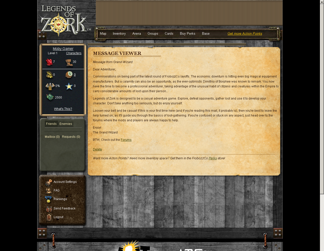 Legends of Zork (Browser) screenshot: In-game message system